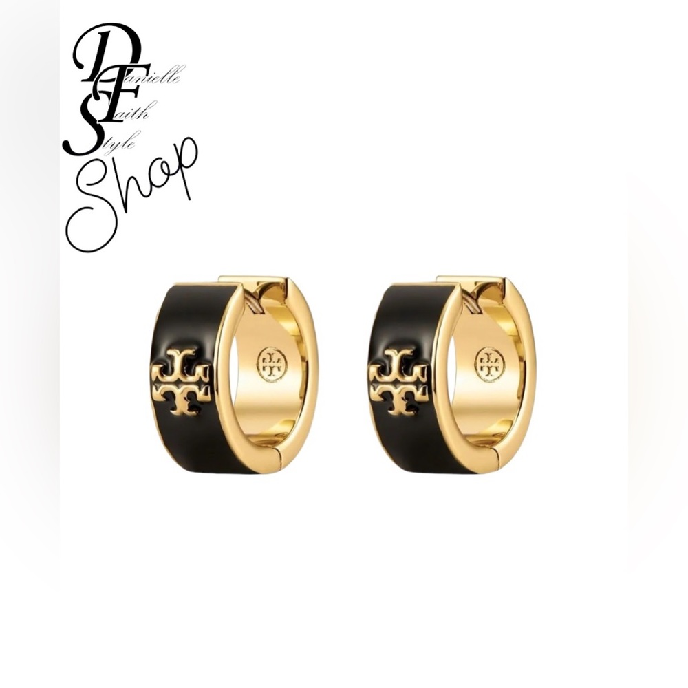 Tory Burch- Black Kira Enamel Huggie Hoop Earrings- with dustbag and giftbox